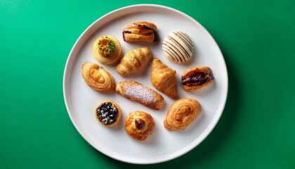 assorted small pastries on white plate with green background