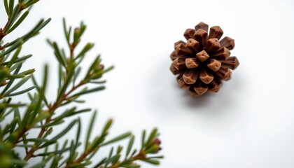 A close up of pine needles against a white background, with a single pine cone placed in the center