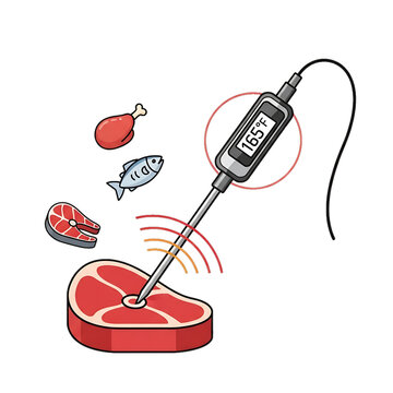 Digital thermometer checking internal temperature of meat cuts.