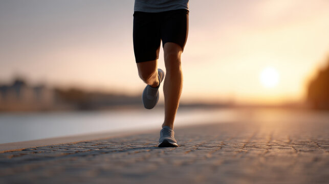 Runner leg sunrise riverside path fitness training outdoors jogging motivation - Powered by Adobe