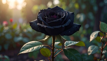 “Close-Up of Dew-Covered Black Rose in Bloom with Sunlit Garden Background Featuring Red Roses and Foliage”
