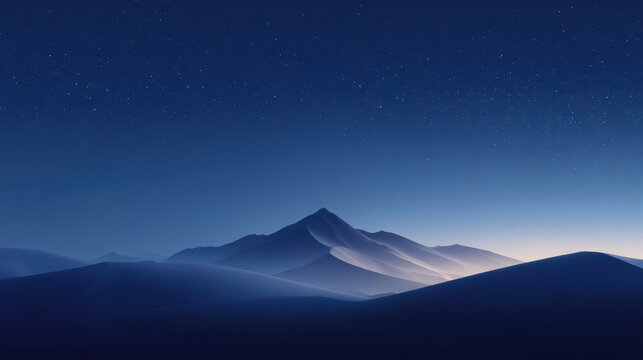 Midnight desert dunes under starry sky with soft blue moonlight and distant mountain silhouette creating serene tranquil atmosphere - Powered by Adobe