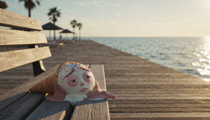Sunny boardwalk by the sea, melting ice-cream cone slumped on bench