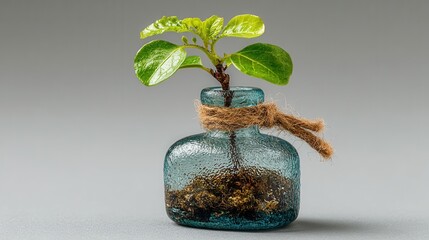 Small glass bottle with plant sprout 