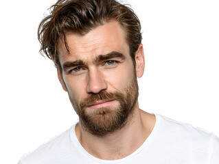 Obraz premium Portrait of a handsome bearded man with striking blue eyes confidently posing with a slight smirk against a plain white studio background.