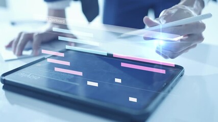 Project management concept, colleagues collaborating on a teamwork project timeline task and team planning a schedule, virtual analytics dashboard - Powered by Adobe