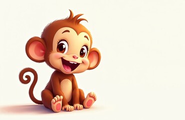 Cute cartoon baby monkey sits and smiles happily. Small brown primate with big eyes and curled tail, isolated on white background. Adorable infant character.