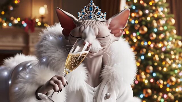 sphynx cat in fur robe, wearing tiara and holding champagne glass before decorated christmas tree, warm fireplace glow, glittering ornaments and bokeh lights; regal playful expression evokes luxury.