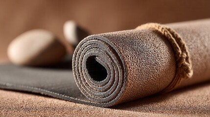 Yoga mat rolled up on light gray background minimal fitness concept