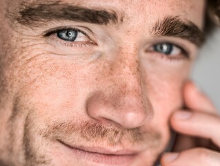 Obraz premium A close up portrait showcases a man with striking blue eyes and charming freckles smiling softly with a gentle touch on his face portrait.