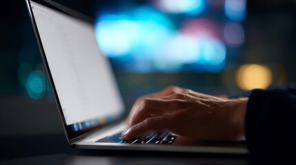 Close-up of hands typing on laptop keyboard with blurred colorful lights in background at night