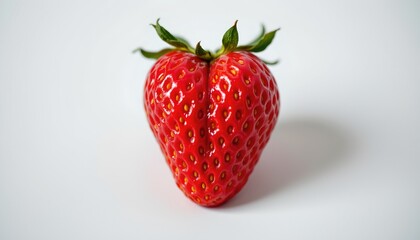 A vivid red strawberry with its green stem against a plain background.