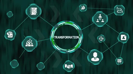 Business Transformation Strategy Network Interface with Futuristic Circular Digital Diagram, Organizational Restructure Model and Enterprise Innovation Development Framework.