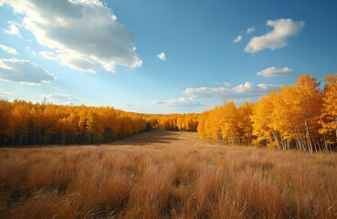 Golden aspen trees line wide grassy field under bright blue sky with scattered white clouds. Autumn foliage creates vibrant orange, yellow canopy. Natural scene evokes peacefulness, changing seasons.