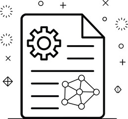 Illustration of document with gear, lines, and network, surrounded by geometric shapes on white