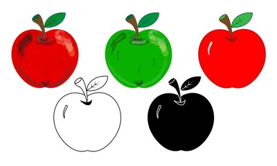 Five variations of apple in outline, silhouette, filled red and 3d in red and green for drawing, tracing and illustrations, editable vector 
