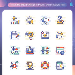 Marketing and Advertising Filled Outline With Background Icons Set 2
