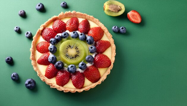 fresh fruit tart with strawberries blueberries and sliced kiwi on green background - Powered by Adobe