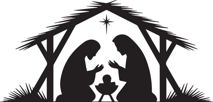 Silhouette shows kneeling man and woman watching baby under star in transparent background