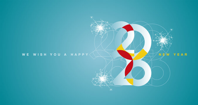 2026 Event. Merry Christmas and Happy New Year. Abstract style trendy modern design numbers composed from bold and line typographies colorful overlaped objects firework sea green color greeting card