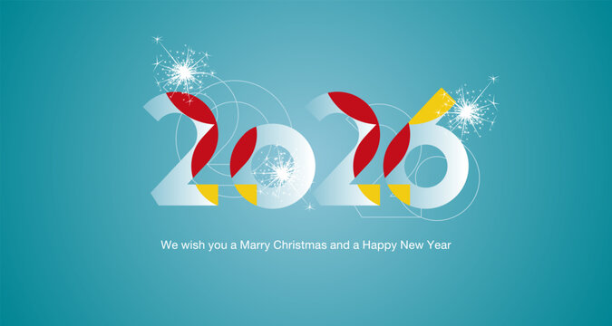 2026 Event. Happy New Year. Abstract style trendy modern design numbers composed from bold and line typographies and smarth colorful overlaped objects sparkle firework sea green color background