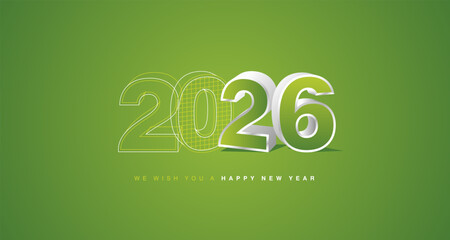 We wish you a happy new year 2026 eve. Architecture construction or mechanical engineering from line drawing to 3d silver green model numbers of 2026 with sparkle firework on green background