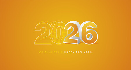 Fototapeta premium We wish you a happy new year 2026 eve. Architecture construction or mechanical engineering from line drawing to 3d silver yellow model numbers of 2026 with sparkle firework on orange yellow background