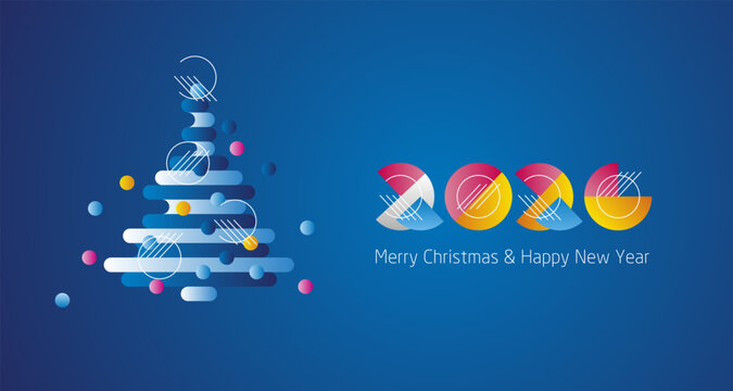 Merry Christmas and Happy New Year 2026 modern colorful abstract shaped numbers composed of quarter and half circles and white lines design with abstract Christmas tree blue greeting card
