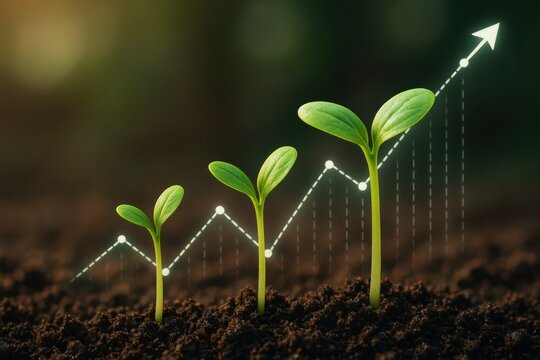 Growing plants with financial growth graph overlay, symbolizing sustainability, investment, and nurturing future economies. Concept of growth, agriculture, and ecological balance. - Powered by Adobe