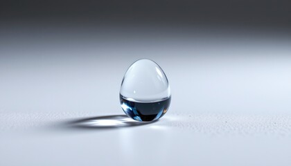 A single teardrop shaped crystal ball resting on a white surface, captured in a wide shot showing its reflection and the light passing through it.