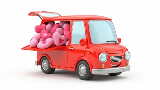 Cute Love Delivery Car. A small red car filled with pink heart pillows creates a playful love-themed scene.