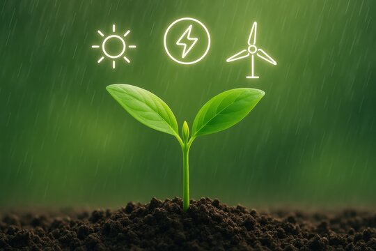 Young plant sprouting from soil with symbols of sun, energy, and wind representing sustainable growth and renewable energy. Concept of eco-friendliness and environmental initiatives.