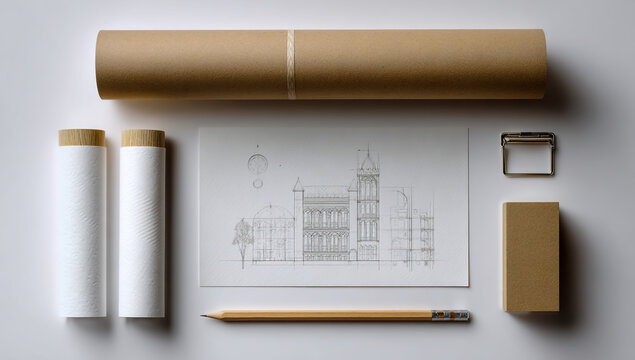 Architectural blueprint and drafting tools laid out on a clean white surface for design and planning