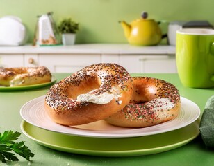 fresh bagels with cream cheese and sprinkles on white plate in bright green kitchen