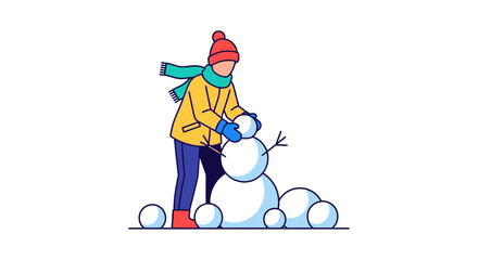 Line Art Cheerful Person Making a Snowman Winter Season Illustration