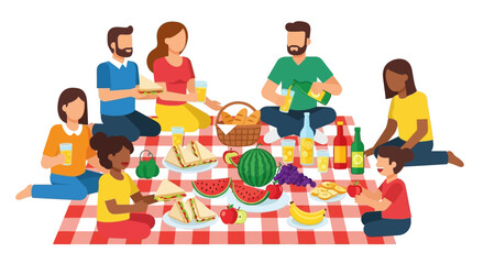 A diverse group of happy friends and family enjoying an outdoor picnic on a checkered blanket with various foods and drinks.