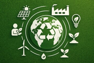 Sustainable development concept with Earth, recycling symbols, and icons representing renewable energy sources. Themes of ecology, innovation, and environmental responsibility.