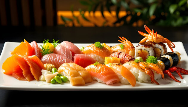 A plate of assorted sushi with a variety of different types of fish