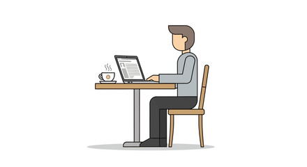 Minimalist Flat Design Illustration of Man Working on Laptop at Table with Coffee