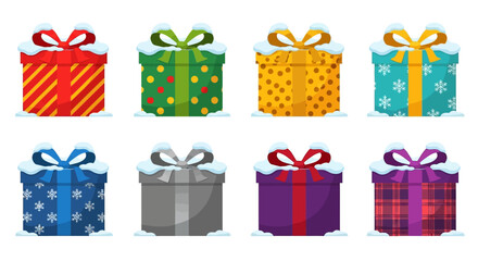 Flat Style Colorful Christmas Gift Box with Snow Topping Illustration