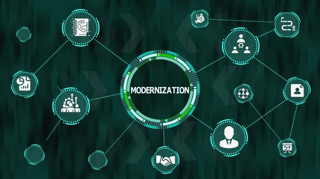 Enterprise Modernization Strategy Network Interface with Futuristic Digital Transformation Diagram, System Upgrade Model and Process Optimization Framework for Innovation.