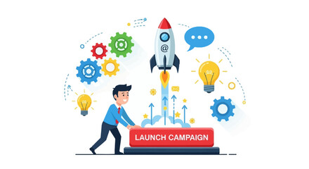 Flat Illustration of Startup Launch Campaign with Rocket and Business Elements