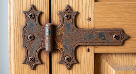 Rusty ornate hinge on a wooden door metal iron