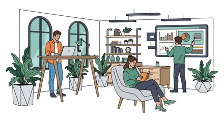 Stylish Handdrawn People Working in Modern Office with Data Visualization