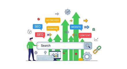 Obraz premium Modern Flat SEO Optimization Process with Data Statistic for Website Growth