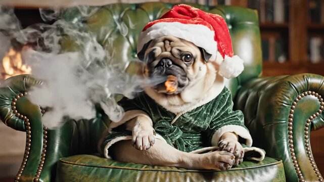 stylish dog relaxation, elegant pet enjoys cozy ambiance, sophisticated canine relaxes in vintage setting, refined pug seated in leather chair with festive santa hat and glowing cigar.