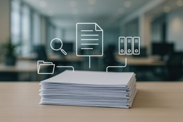 Stack of paperwork representing organization and efficiency, with digital icons indicating document management, filing, and data analysis. Concept of office productivity and information flow.