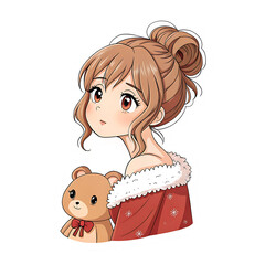 Cute anime girl with a teddy bear isolated on transparent background