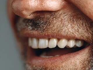 Obraz premium Close up shot of a bearded man's face with white teeth smiling broadly, showcasing healthy gums and joyful expression of happiness.