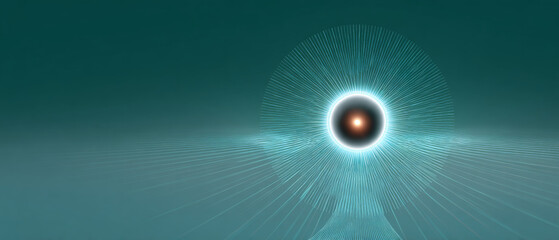 Abstract digital illustration of a glowing sphere with radiating light lines on a teal gradient background, creating a futuristic and dynamic visual effect